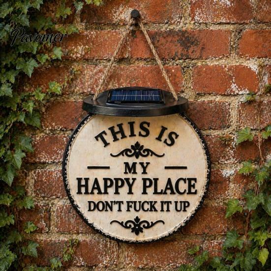 Durable Outdoor Decorative Pendant Luminous Funny Garden Sign, "This Is My Happy Place" Solar Vintage Decor, Farmhouse Cute Light for Patio Wall Art,