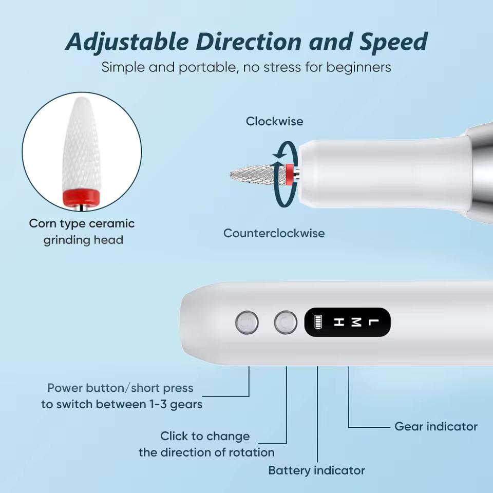 Silent Electric Nail File Rechargeable Portable Nail Sander Professional Manicure Tool for Nail Art Polishings