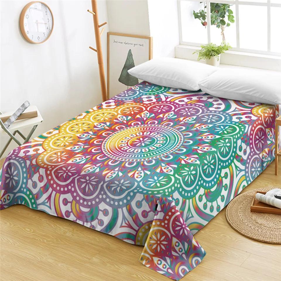 Bohemian Mandala Bed Sheet Boho Style Flat Sheet Colorful Ethnic Retro Floral Bed Linen Women King Queen Polyester Bedding Sheet