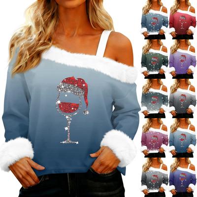 Damen Schulterfreies Plüschkragen Bedrucktes Langarm-Pullover-T-Shirt Top