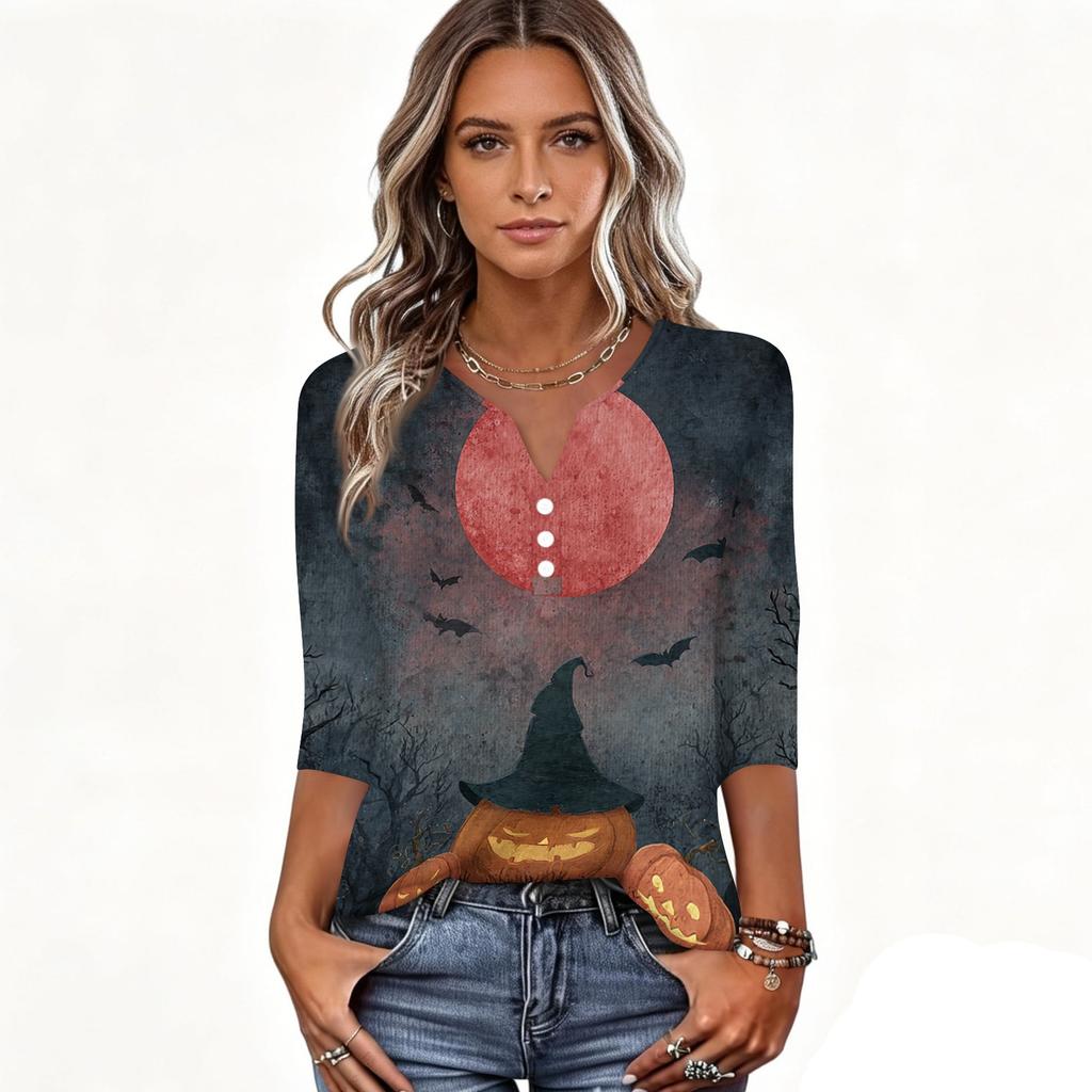 Women's Casual Halloween Print V Neck Button Front Three Quarter Sleeve T Shirt Top Lightweight Soft Fabric Comfortable Fit