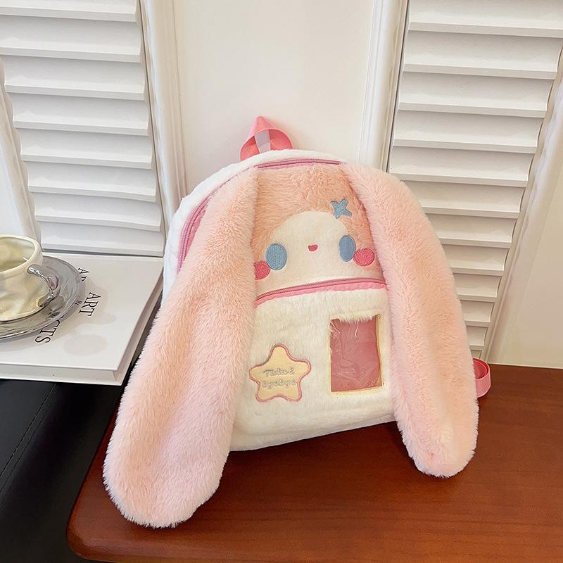 Y2K Japanese Cartoon Long Eared Rabbit Plush Backpack Large Capacity Cute Student Schoolbag Women Shoulder Bag Girl Knapsack