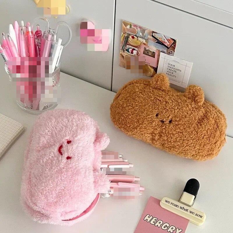 Winter Plush Pencil Case Fashion Kawaii Cartoon Animal Pencil Bag High Capacity Stationery Storage Bag Cute Scrapbook Organizer