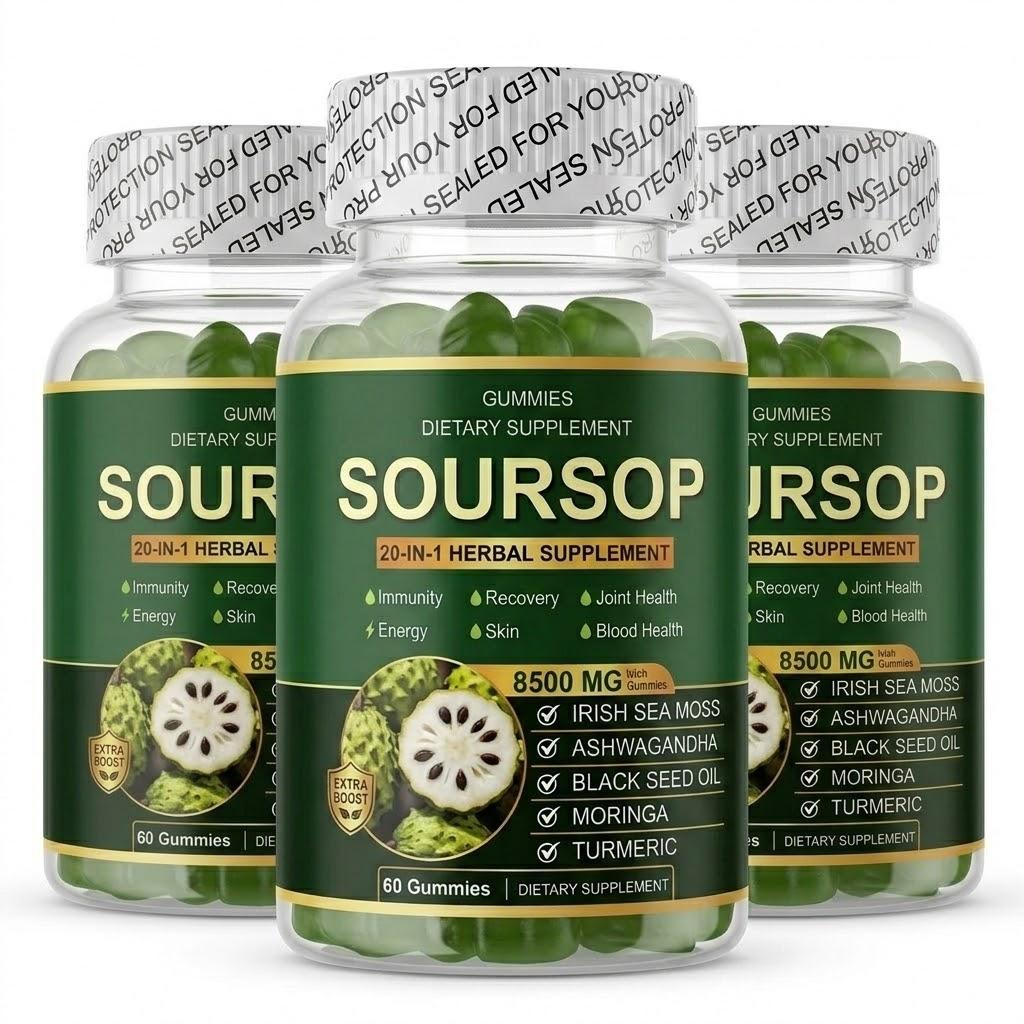 Gommose Erbali 20-in-1 alla Graviola 8500mg – Complesso di Muschio Marino, Ashwagandha e Olio di Semi Neri – Potenziatore di Immunità ed Energia (60 Conte)