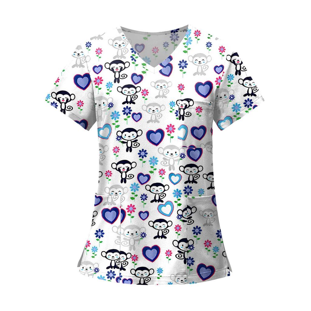 Women's Fashion Printed Short Sleeve V Neck Pattern Tops Pocket Working T-shirts