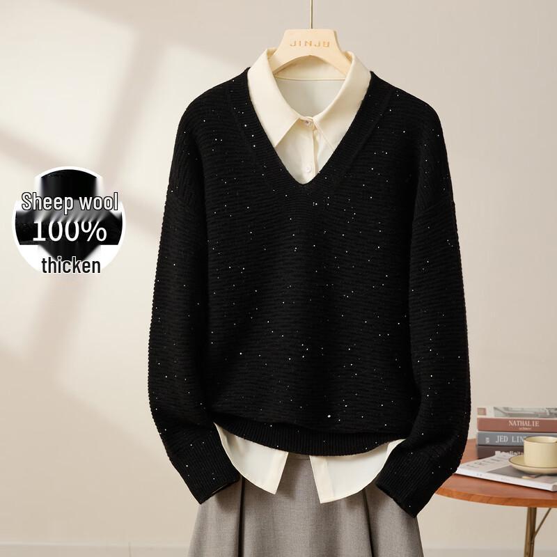 Women s Winter Thickened Relaxed Fit Sequin V-Neck Wool Blend Sweater One Size
