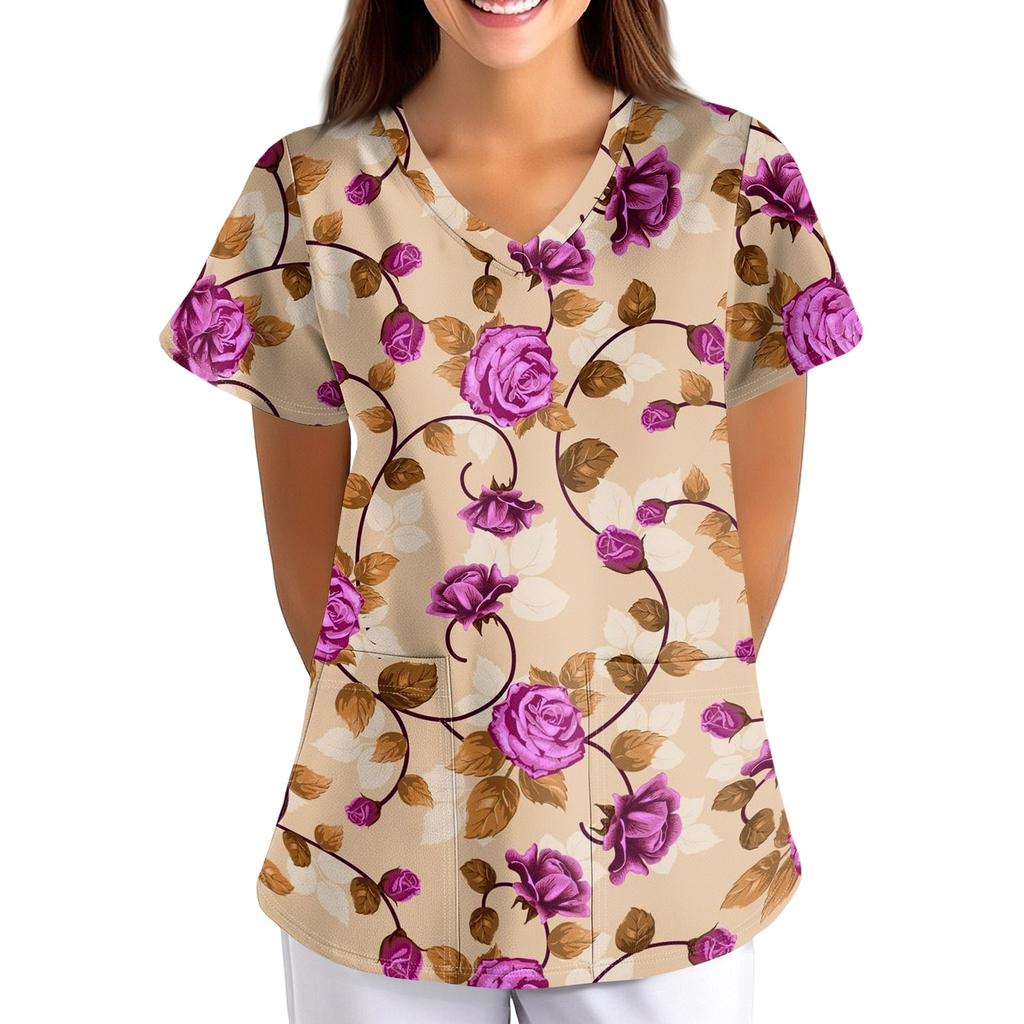 Loose Fit V Neck Pocket Short Sleeve Medical Scrub Top Floral Pattern Nurse Uniform Workwear for Healthcare Professionals