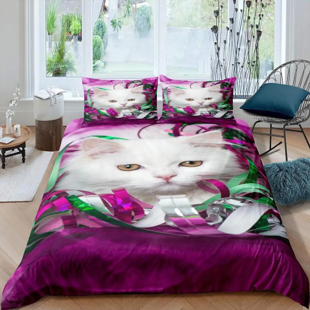 Pisică albă, flori, rege, husă de pilotă, set de pat pentru pisici