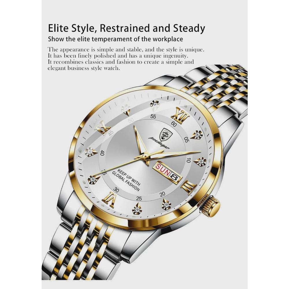 POEDAGAR Luxury Business Man Watch Stainless Steel Week Date Men's Wristwatch Waterproof Luminous Fashion Quartz Watches for Men