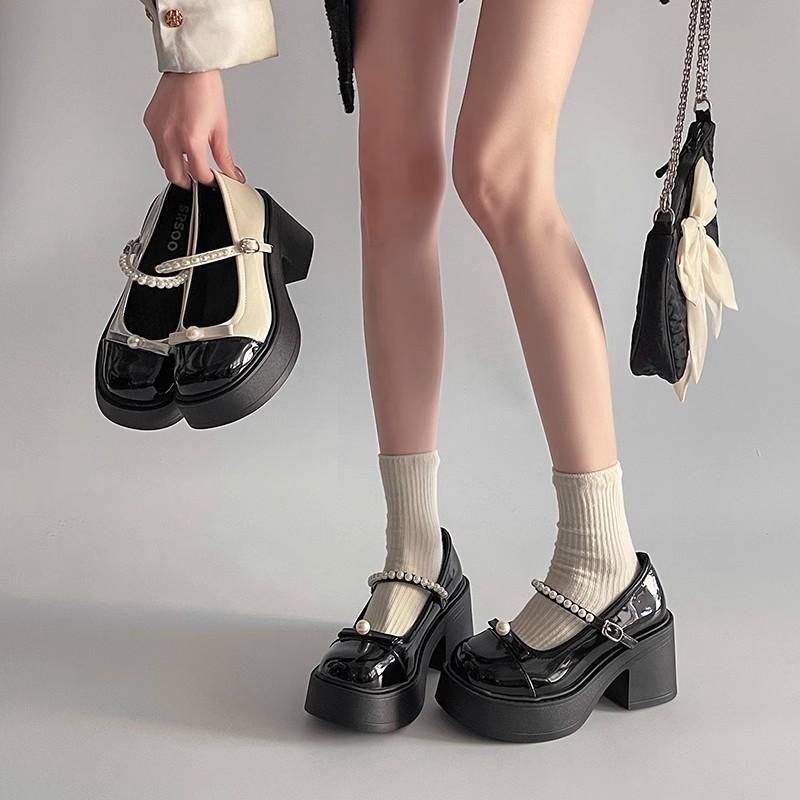 High-heeled Mary Jane shoes women's summer new retro round head bow single shoes pearl thick heel jk small leather shoes