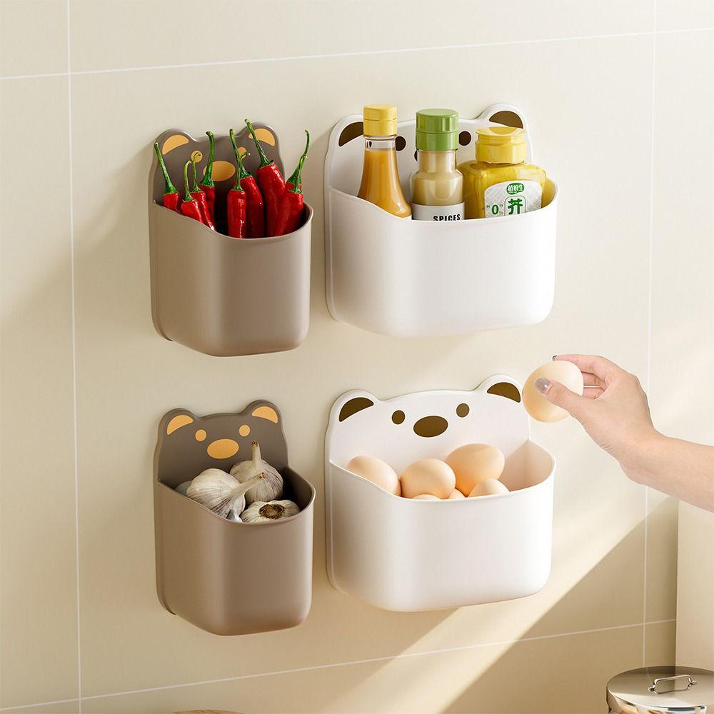 Self Adhesive Wall Mounted Storage Box Cartoon Bear Pen Holder Cute Storage Shelf  Kitchen Bathroom