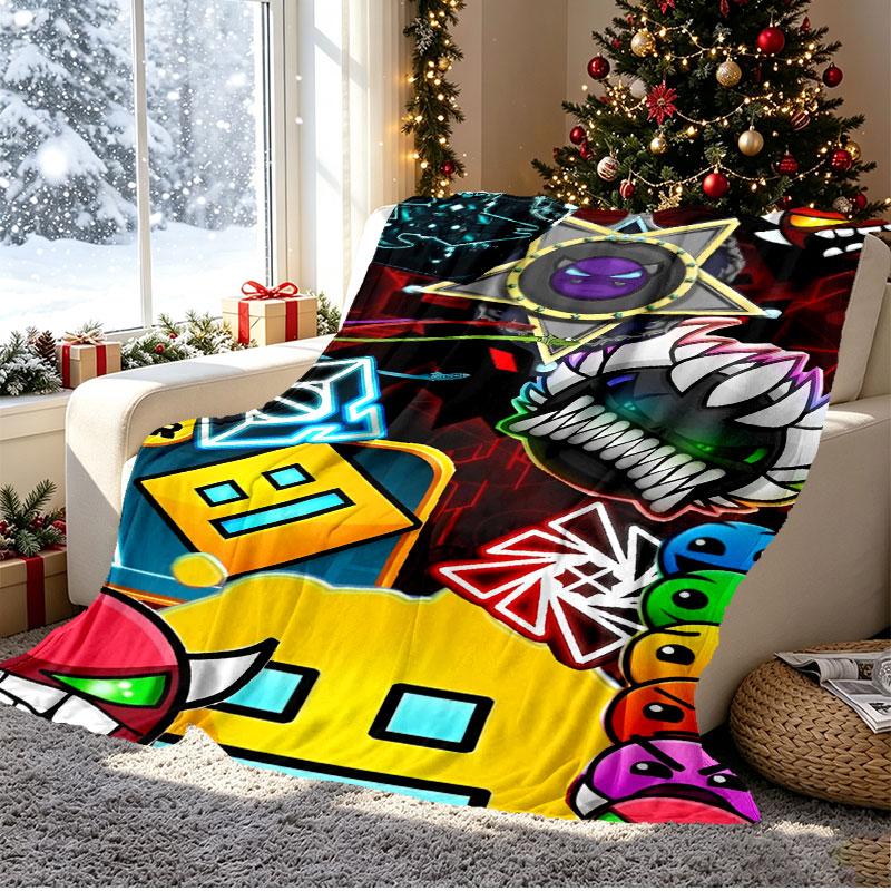 Geometry Dash Pattern Blanket for Home Decoration, Bed, Sofa, Car Travel, Camping, Suitable for All Seasons, Birthday Christmas Gift