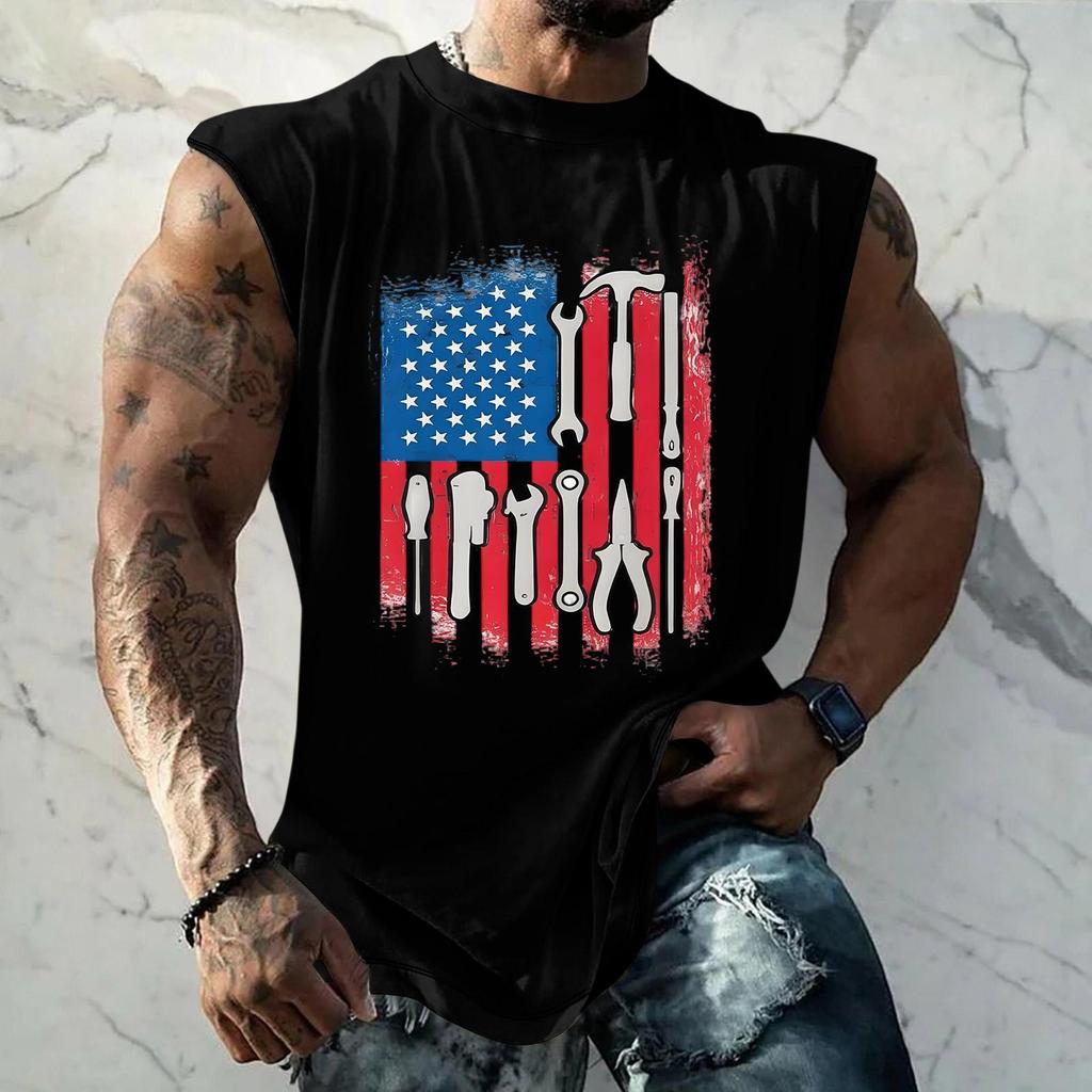 Men's Loose Fit Sleeveless Tank Top Casual Sportswear Muscle Shirt with Tool Print Graphic for Labor Day Outdoor Activities