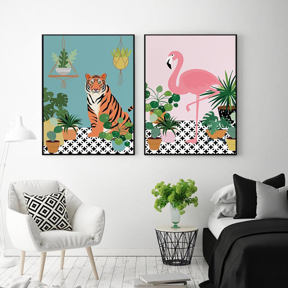 Tropical Plant Tiger Wall Art Canvas Painting  Animal Flamingo Posters And Prints Wall Pictures For Living Room Boho Home Decor No Frame