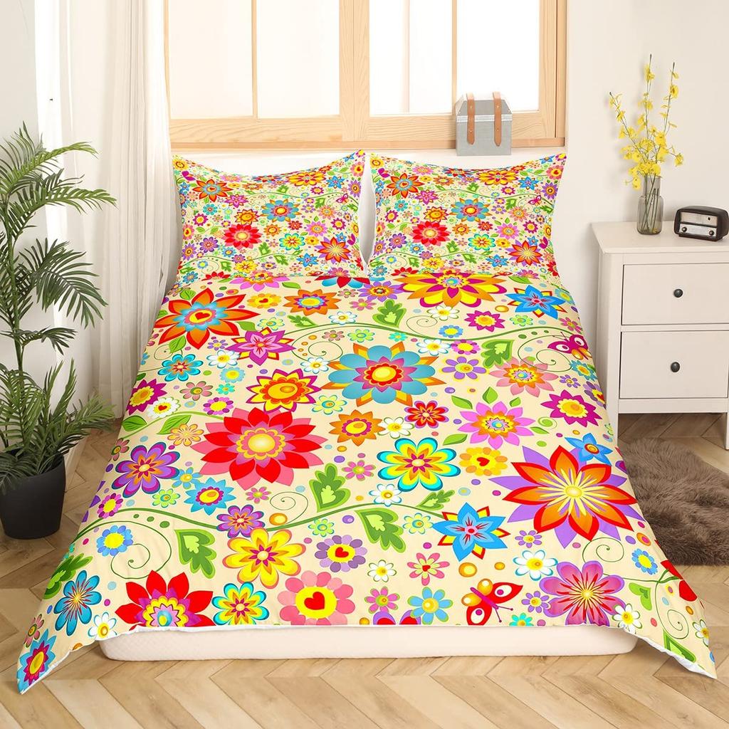Retro Flowers King Queen Bedding Set Cartoon Vintage Floral Duvet Cover Boho Abstract Quilt Cover Soft Polyester Comforter Cover