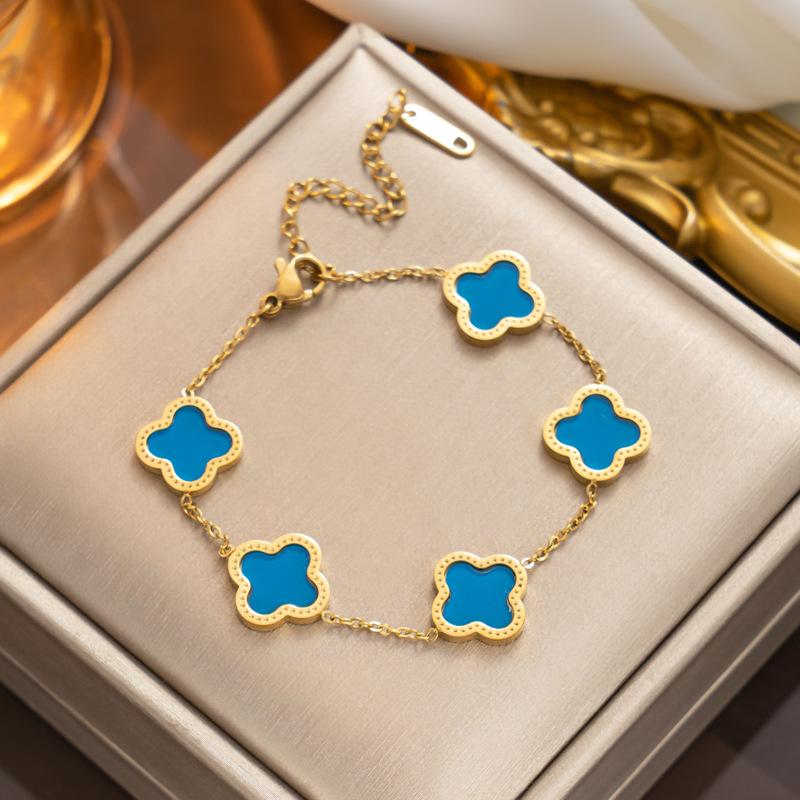 18K Titanium Steel Four-Leaf Clover Bracelet Fashion Charm Hand Jewelry Five-Leaf Bracelet