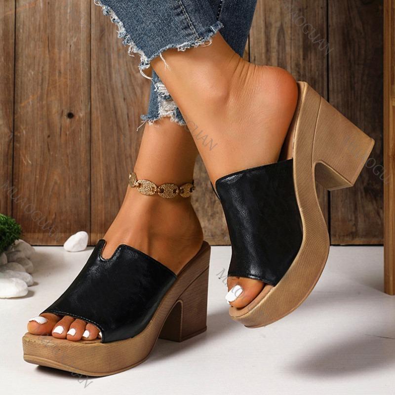 Fashion Black Chunky Platform Sandals Women 2025 Summer Peep Toe High Heels Sandals Woman Plus Size 42 Outdoor Thick Heeled Slippers