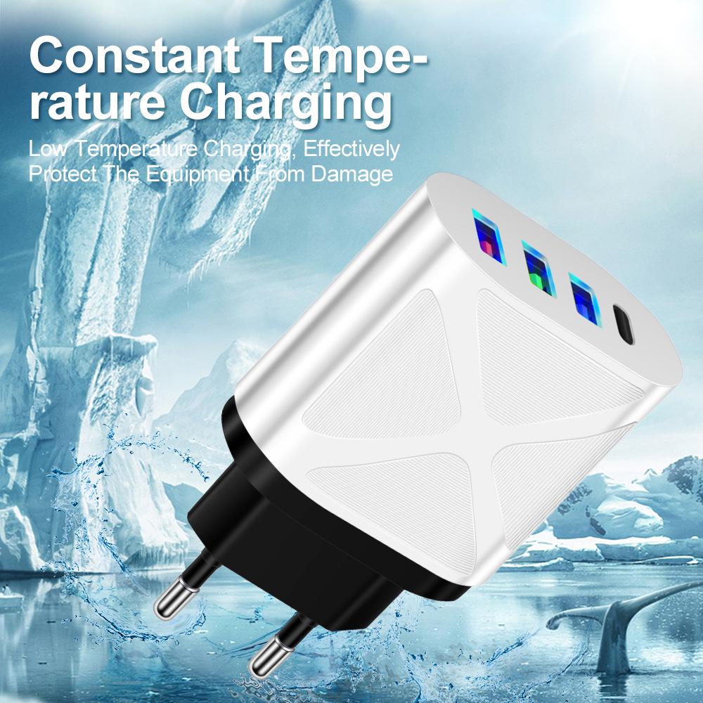 Multi-Port 5V 2.4A Reise-Ladegerät mit 3 USB- & Typ-C-Anschlüssen für EU-, US-, UK-Standards