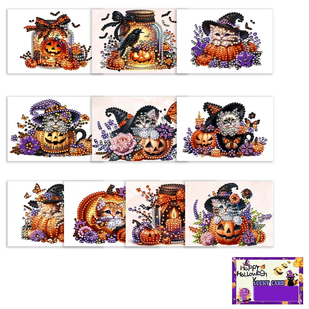 10PCS / 6PCS DIY Diamond Painting Greeting Card Set Rhinestone Diamond Art Mosaic Postcards Kit For Halloween and Holidays Theme