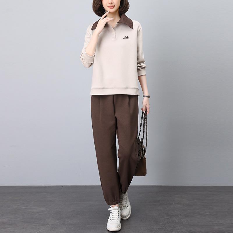 Autumn Women's Casual Sportswear Set: Wide-Leg Pants & Lapel Sweatshirt
