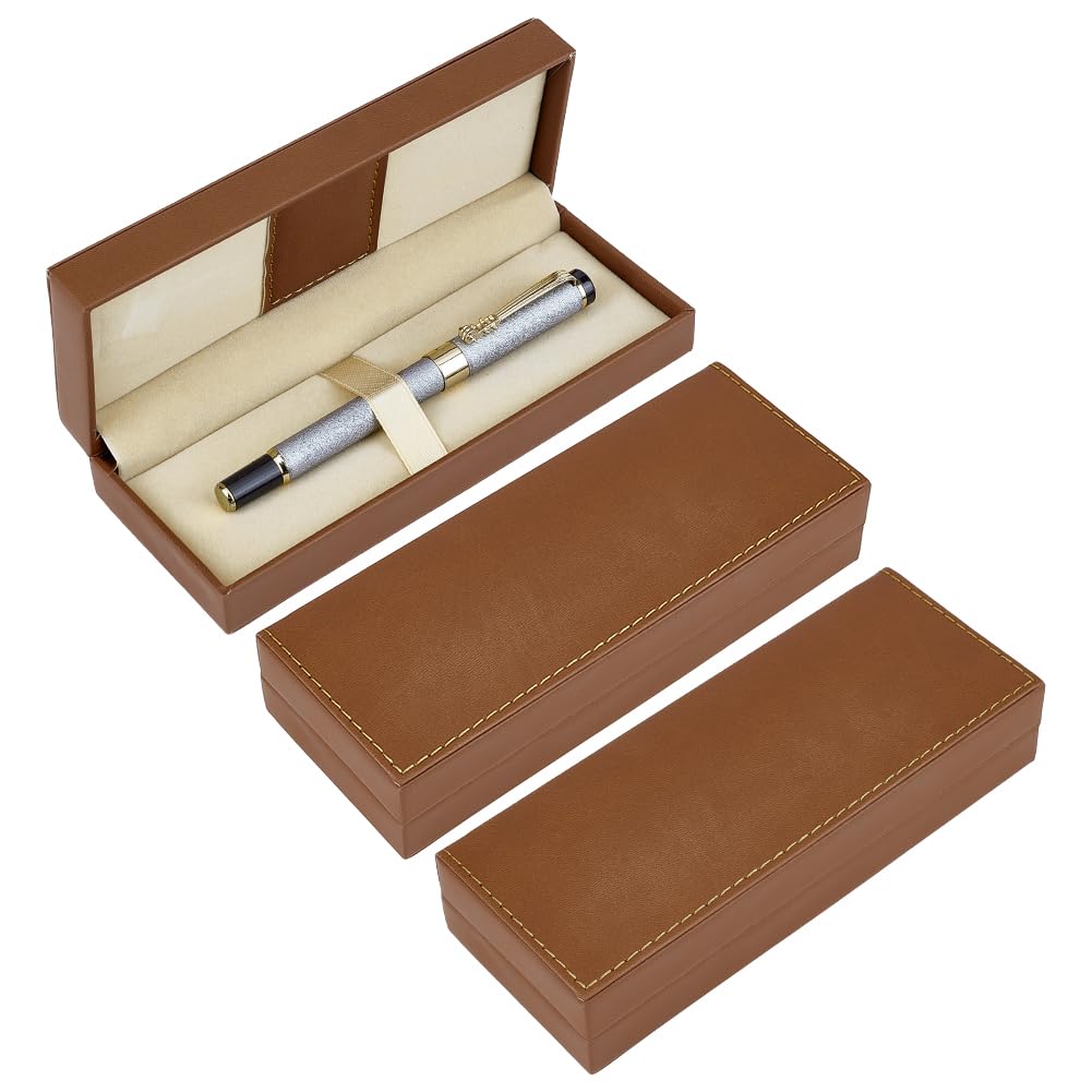 BENECREAT 3 Sets Pen Gift Box Pu Leather Fountain Pen Gift Box Ballpoint Pen Pencil Storage Case for Business Office Brown 17.5x6.8x3.8cm Pen/Necklace