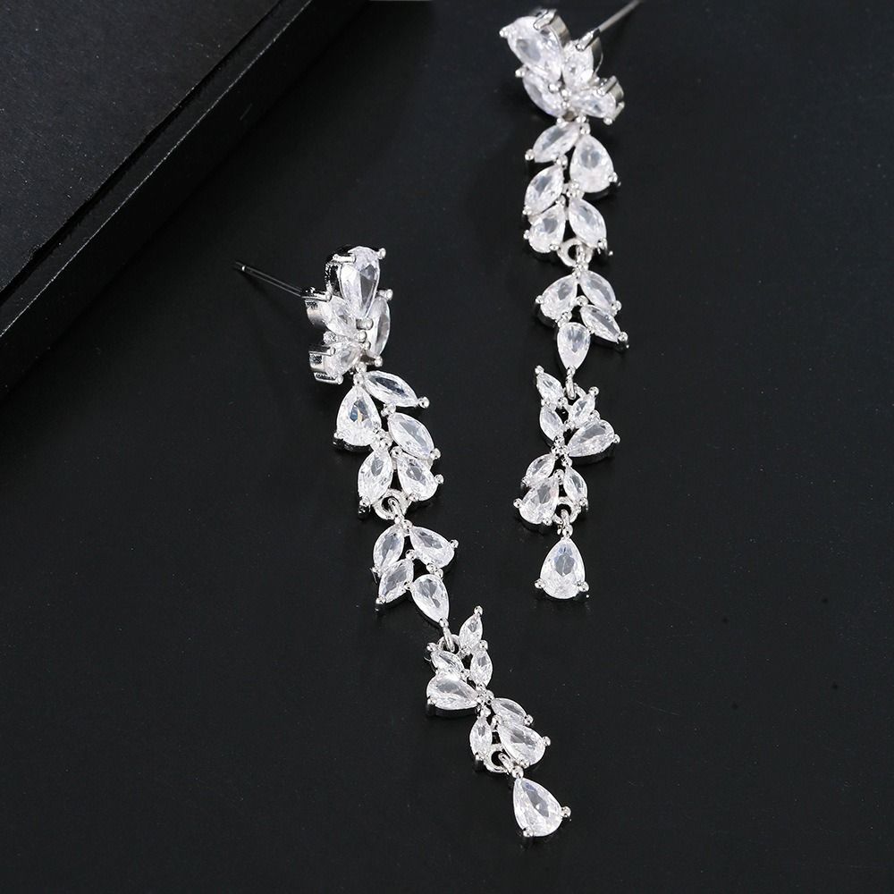Shiny Crystal Leaf Shape Bracelet Silver Color Wristlet Plant Design Dangle Earrings  Gift Bangle