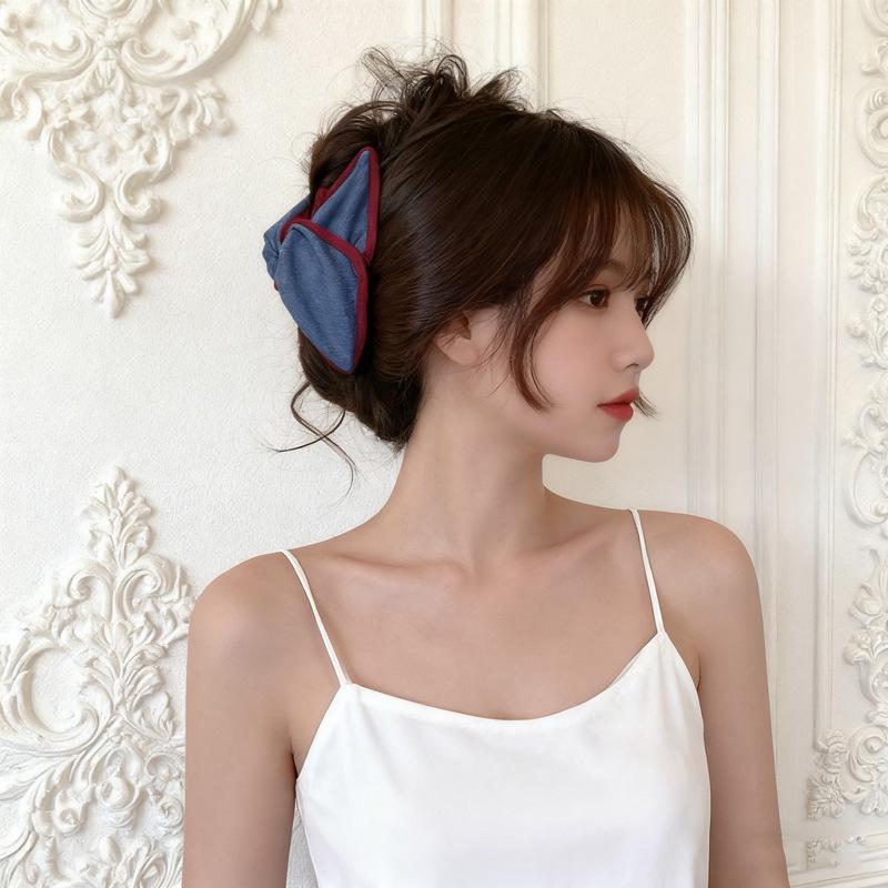 Korean Retro Color Block Denim Triangle Claw Clip - High-End 2025 Shark Hair Accessory for Women