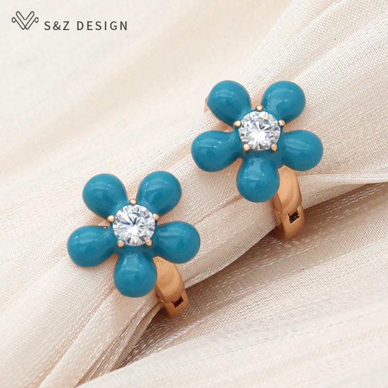 Fashion Champagne Gold Color Red Flower Enamel Oil Drop Earrings For Women Girl Party Cubic Zirconia Eardrop Jewelry