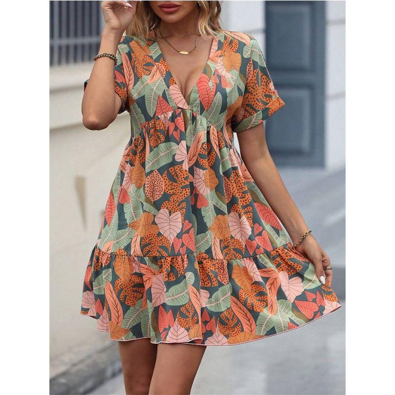 

Summer Women Dress Print Ladies Skirt Summer Fashion V Neck Fashion Female Dress Orange green flower 2XL