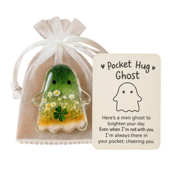 1/2/4/5Pcs Pocket Hug Ghost with Positive Card Emotional Support Ghost Token Mini Halloween Cartoon Ghost Statue Inspirational Gift