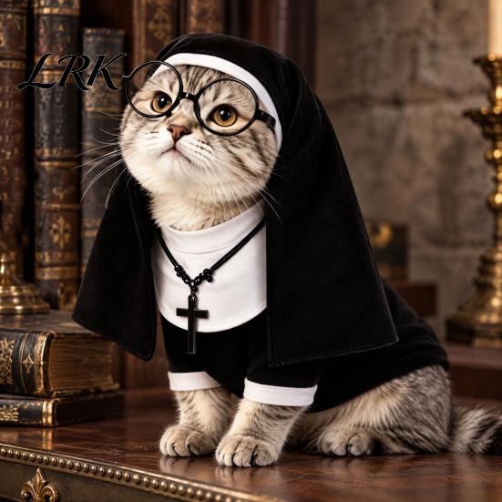 Vicces macska Halloween jelmez Apácakolostor jelmez, Cosplay ruházat kalappal, szemüveggel és nyaklánccal, Kisállat puha kényelmes jelmez macskák és kistestű kutyák számára, Party