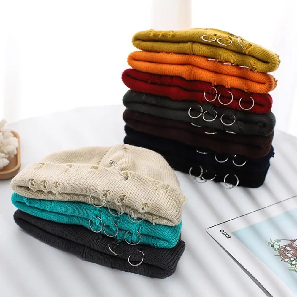 

Knitted Hat Hip Hop Ripped Flanging Metal Ring Solid Color Warm Woolen Yarn Autumn Winter Women Beanie Cap Knitting Skull Cap