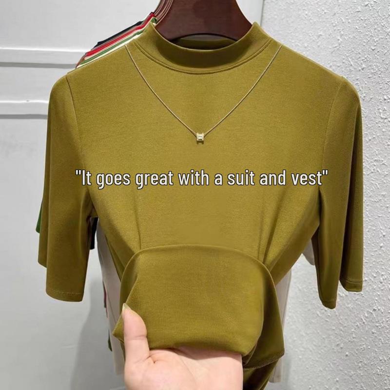 

European Style Women s Half-Sleeve Stand Collar T-Shirt - Slim Fit Korean Fashion for Spring and Autumn Medium