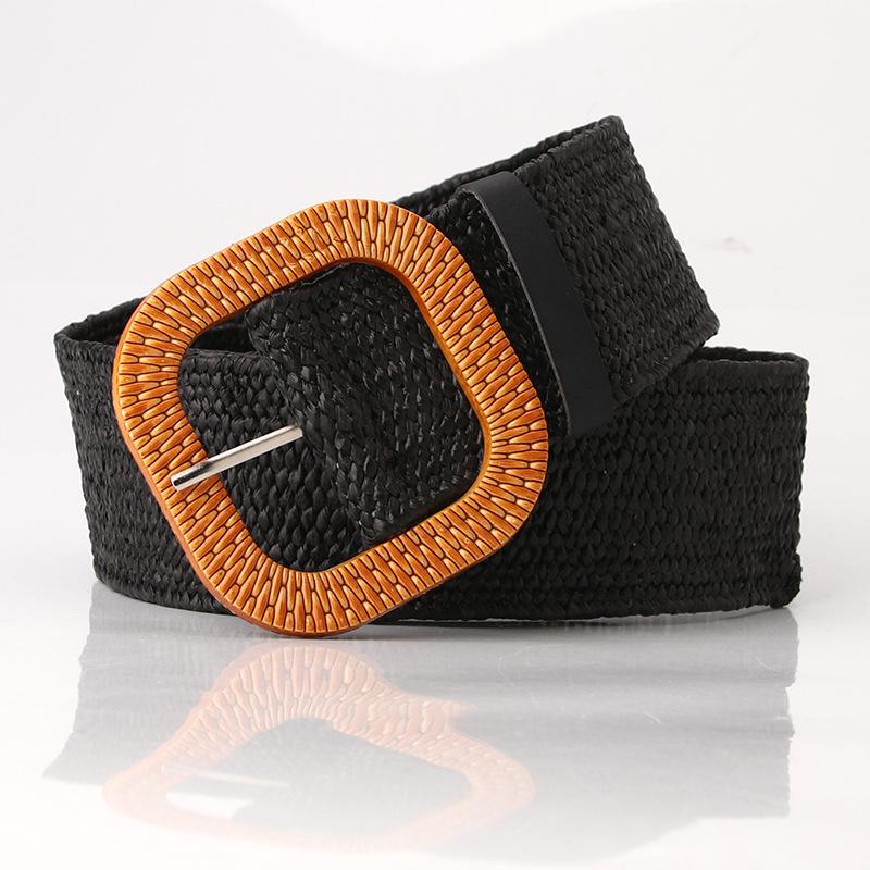 Women's Wide Round Buckle Elastic Belt - Cotton & Linen, Straw Style, Mori Girl Fashion.