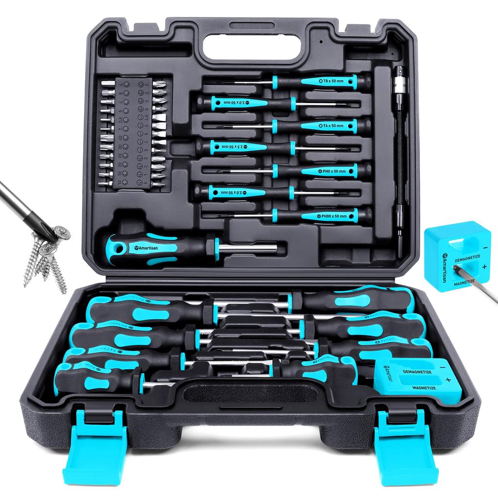 Set di cacciaviti magnetici con custodia, Amartisan 43 pezzi Include set di cacciaviti a taglio, a croce Phillips, esagonali, Pozidriv, Torx e di precisione, Magnetizzatore \