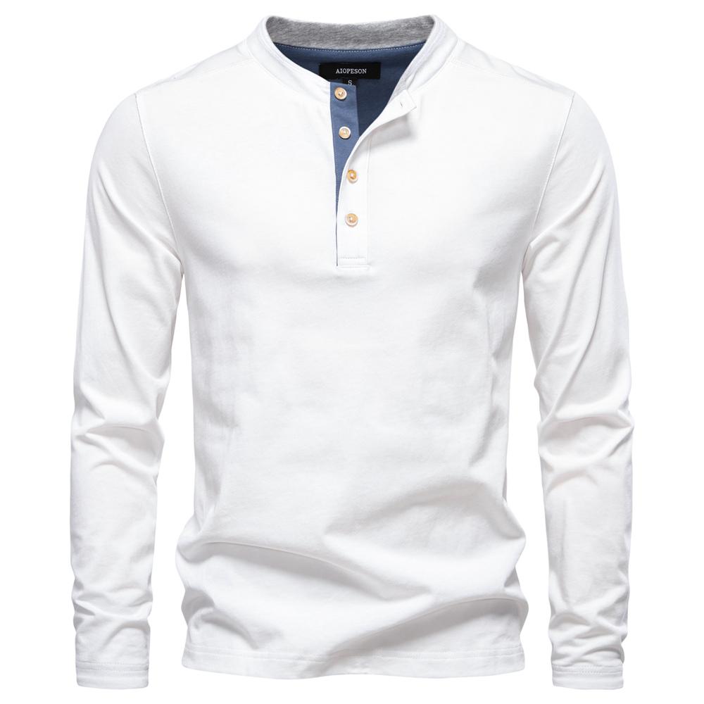 AIOPESON Premium 100% Cotton Men's Henley Collar Button T Shirt Solid Color Long Sleeve Basic New Autumn