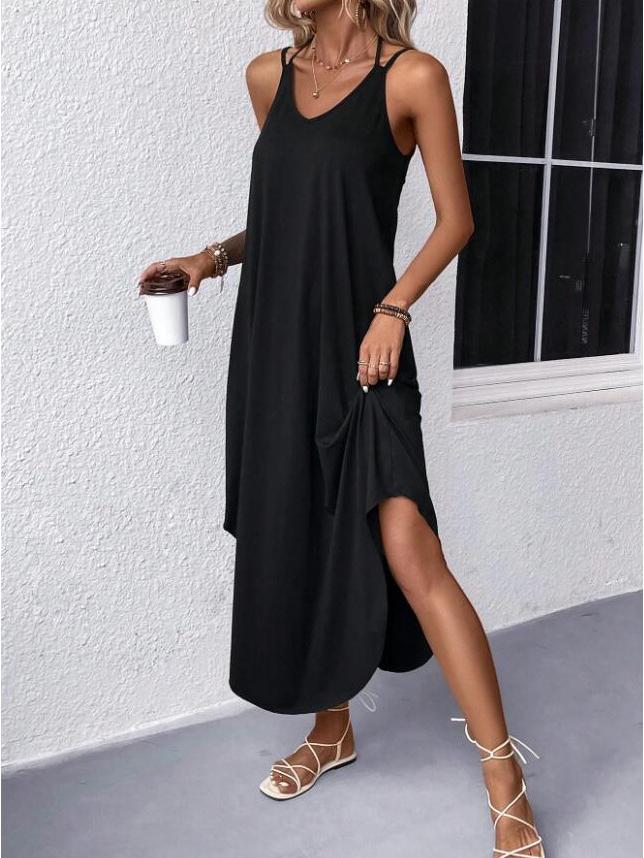 European & American Women's Solid Color Sleeveless Maxi Slip Dress
