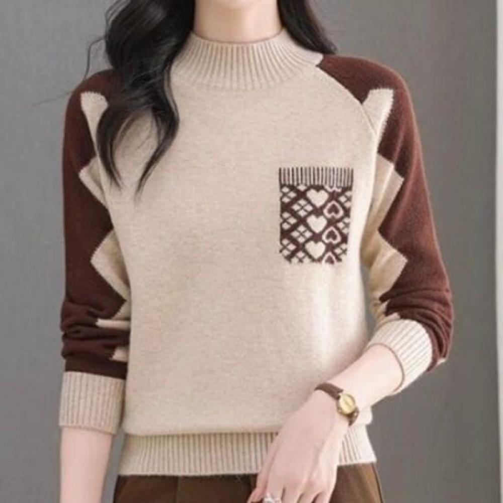Navava Women Daily Heart Color Point Half Turtleneck Long Sleeve Knit Tee Nk3437
