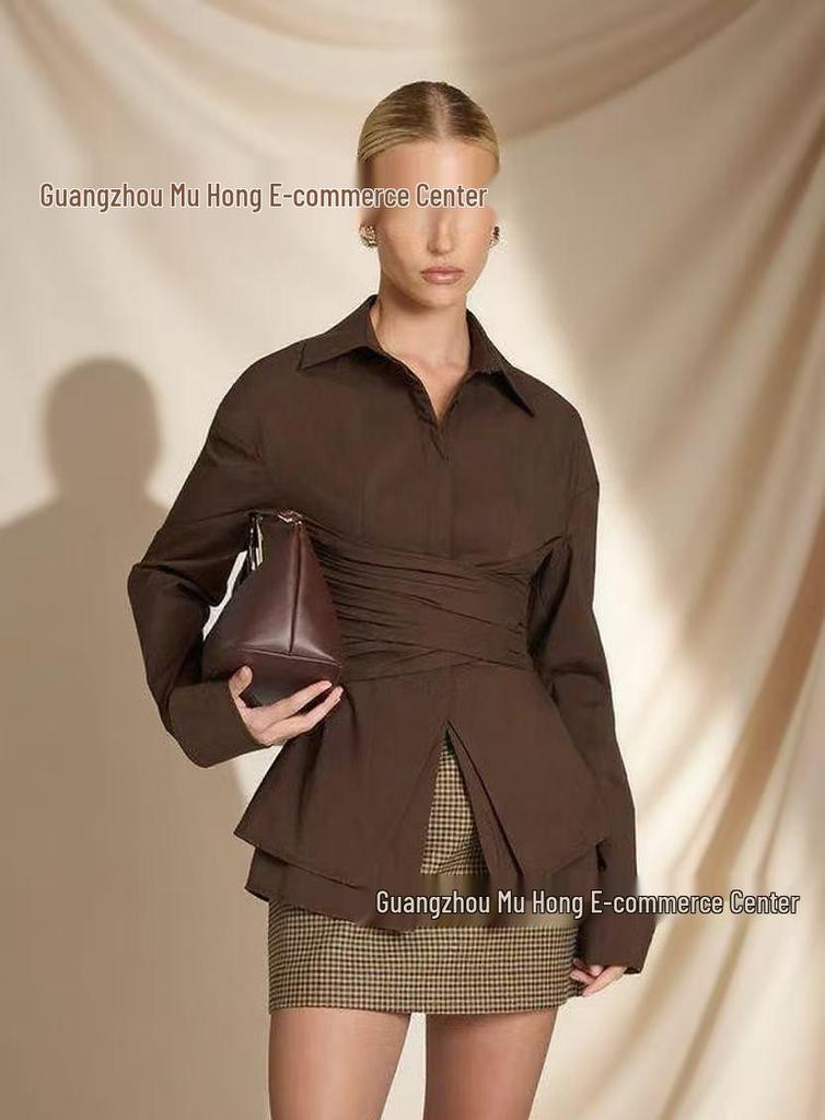 2025 European & Korean Elegant Pleated Waist-Cinched Long Sleeve Shirt