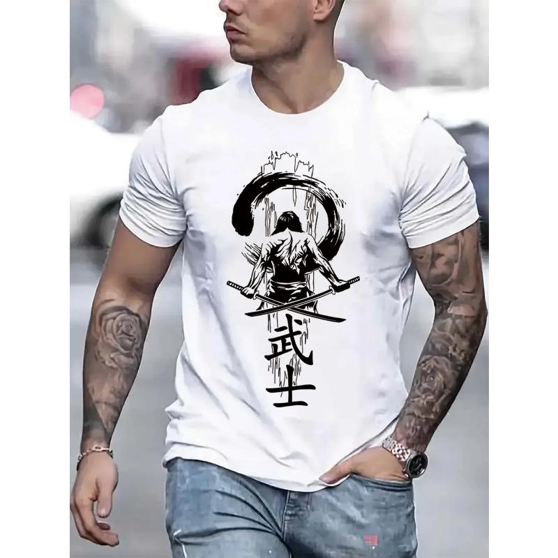 Men's Summer 100% Cotton Fashionable Casual Sports Loose Japanese Samurai Pattern Printed Round Neck Short Sleeve T-shirt Top