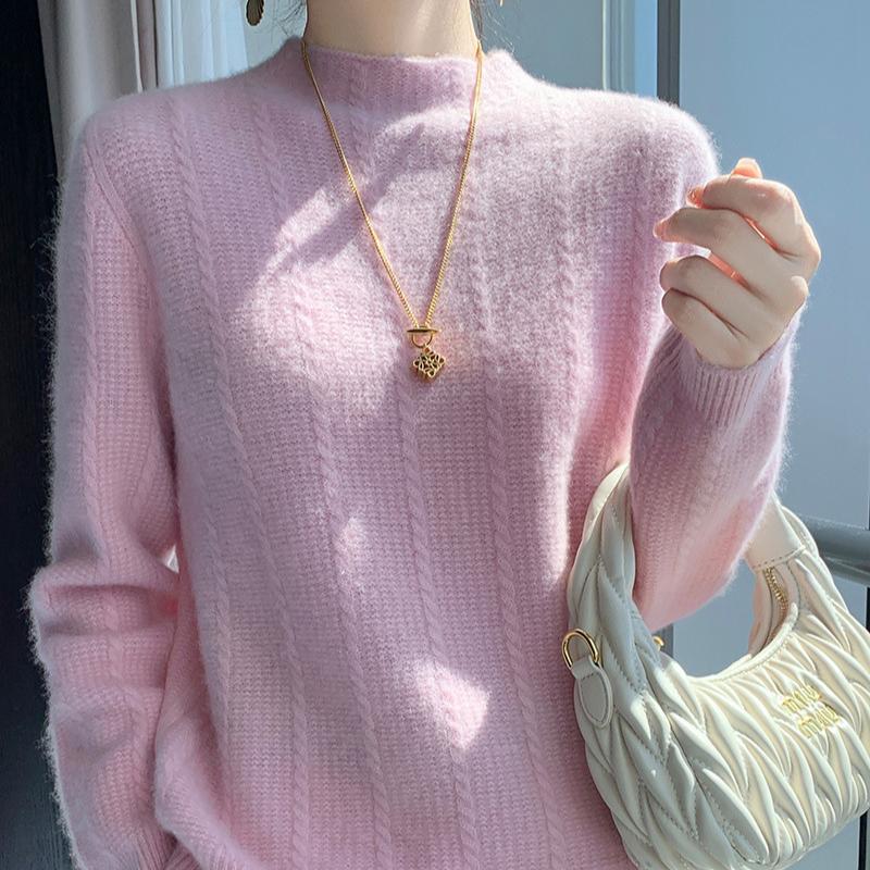 Double-strand Thickened Small Twist Half Turtleneck Cardigan for Women High-string High-density Cashmere Knitted Base Sweater