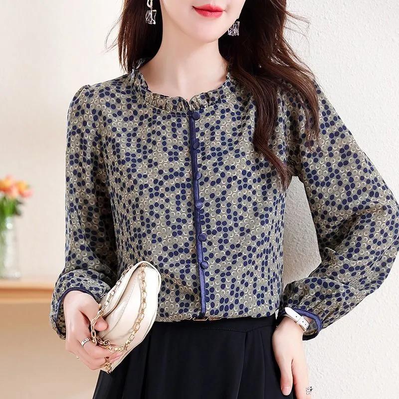 Printed Chiffon Shirt Spring and Autumn New Fashionable Style Shirts Women's Age-reducing Tops