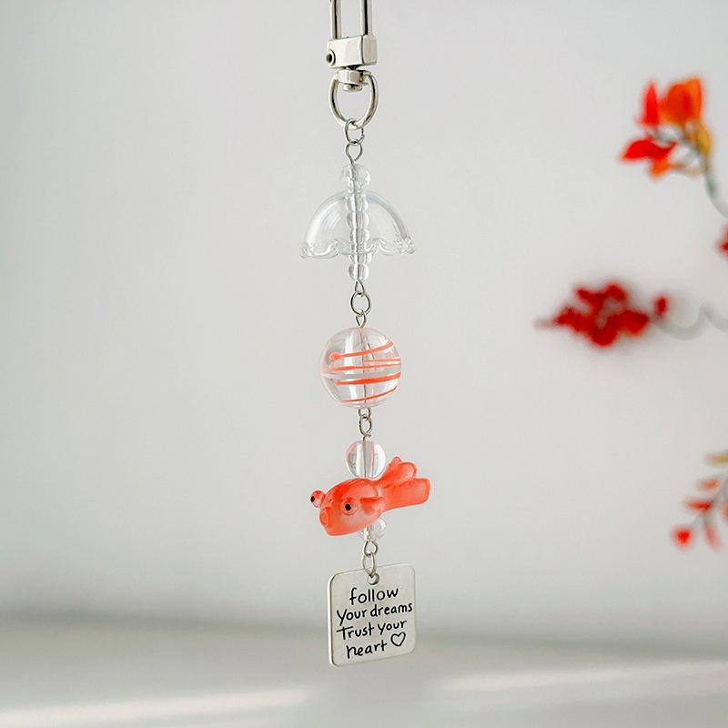Y2K Goldfish Key Chain Wind Chimes Round Beaded Keyring For Phone Camera Earphone Case Charm Pendant Keycord