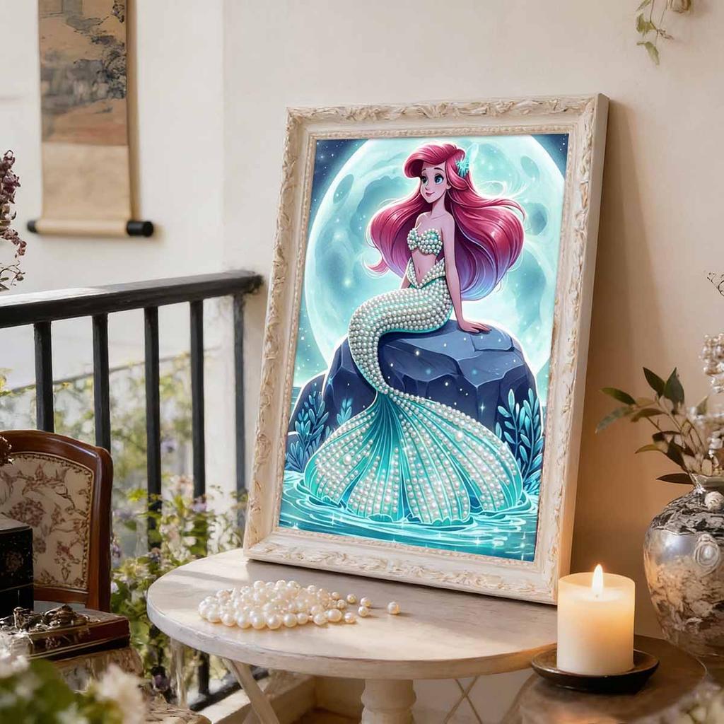 Gentle Pearl-Inlaid Little Mermaid Frameless Art | Moonlit Sea Rock Bg, Handmade 3D Pearl Craft, Ideal for Creamy, Ocean Home Decor