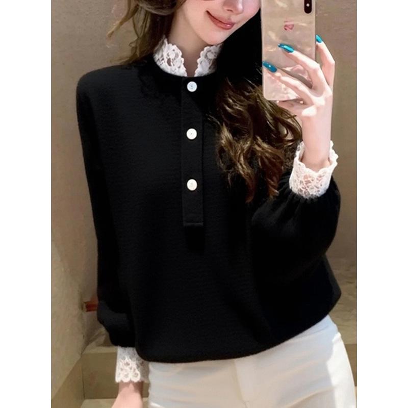 Elegantes schwarzes Samt-Spitzen-Oberteil im chinesischen Stil für Damen - Herbst/Winter