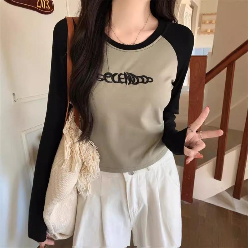 Real shot splicing contrasting color shoulder plugs long-sleeved T-shirt women's season slim and thin short embroidered top