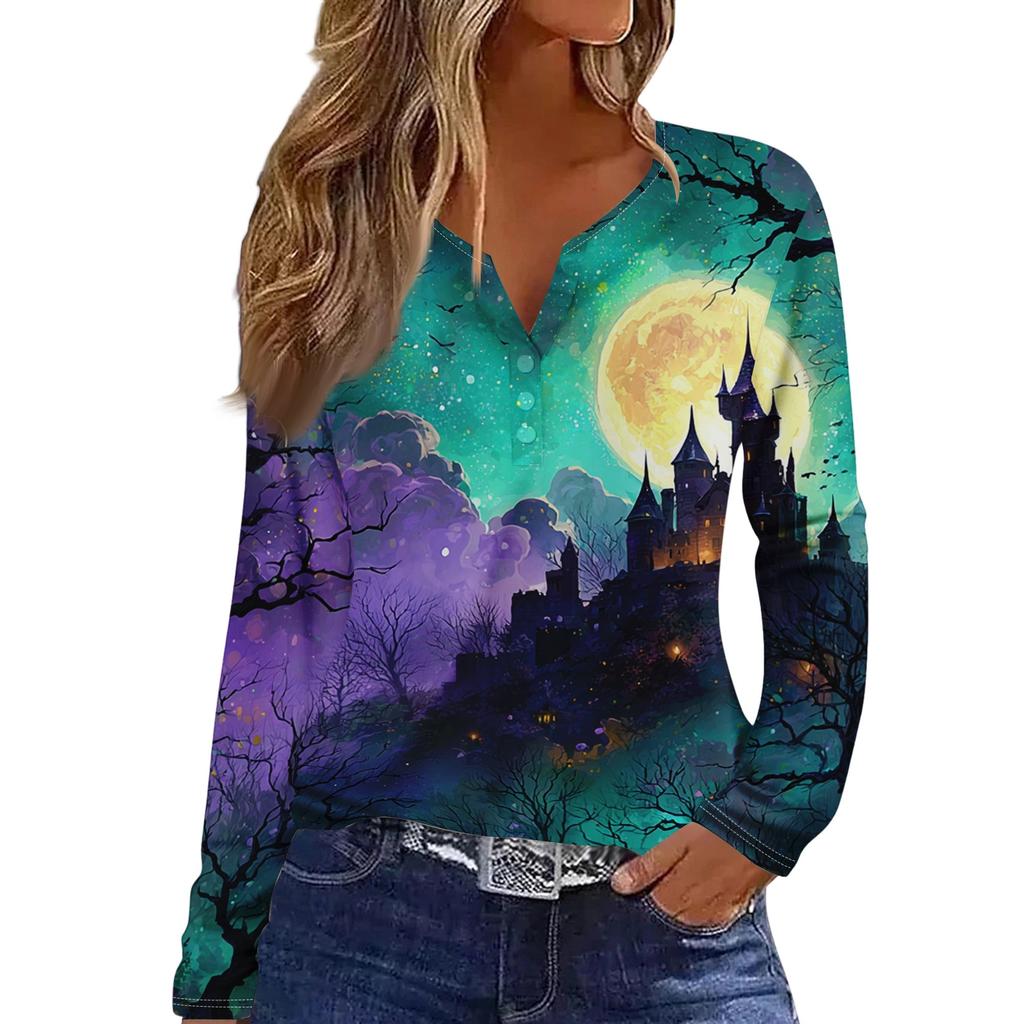 Women's Casual Long Sleeve V-Neck T-Shirt with Halloween Print and Decorative Buttons