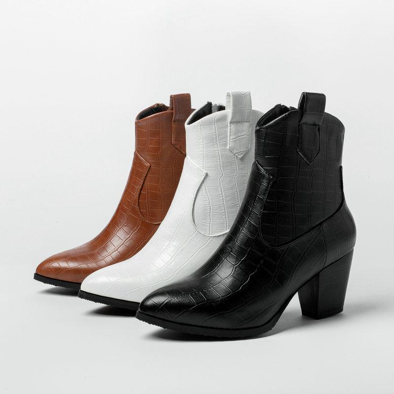 European and American fashion pointed high-heeled short boots stone pattern side zipper thick heel Martin boots autumn and winter and ankle boots