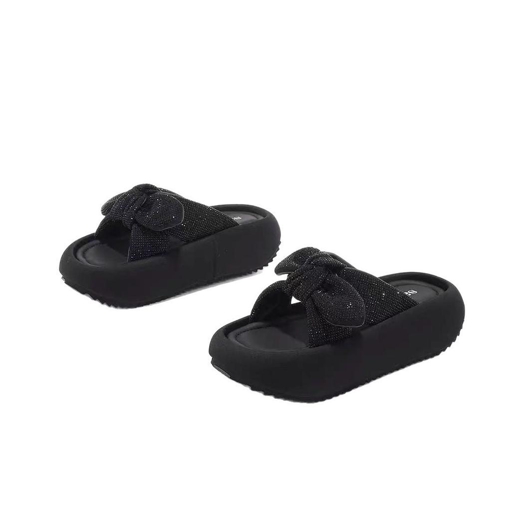 Bow Rhinestone Thick-bottomed One-word Slippers for Women To Wear 2025 New Fashionable Versatile Beach Slippers