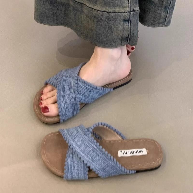 

Ethnic style cool slippers women s 2025 summer new retro woven bohemian style student flat beach sandals 35 синій